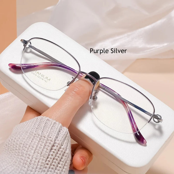 KatKani Women's Semi Rim Square Titanium Eyeglasses S7018 Semi Rim KatKani Eyeglasses Purple Silver  