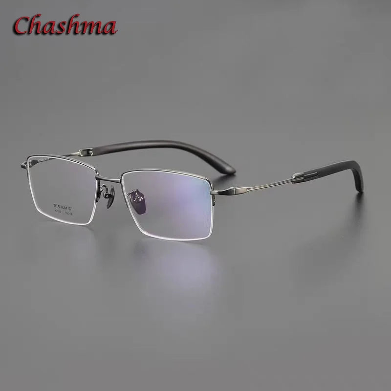 Chashma Ochki Unisex Semi Rim Square Titanium Wood Eyeglasses 312332
