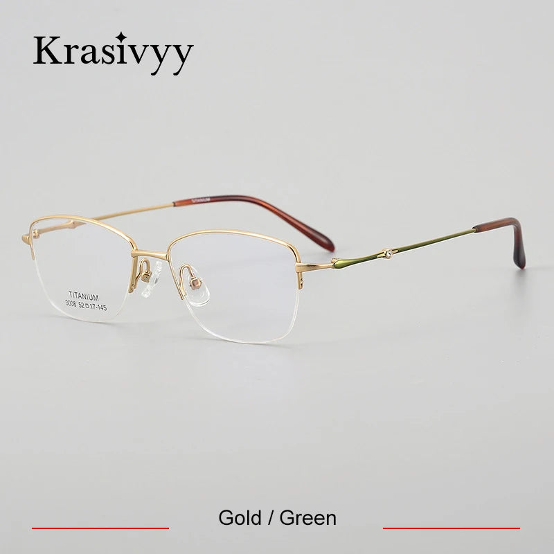 Krasivyy Women's Semi Rim Oval Square Titanium Eyeglasses 443008 Semi Rim Krasivyy Gold Green  