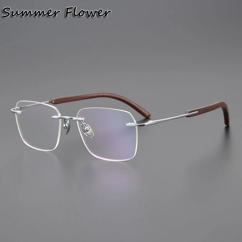 Summer Flower Unisex Rimless Square Titanium Wood Eyeglasses 84246 Rimless Summer Flower Silver