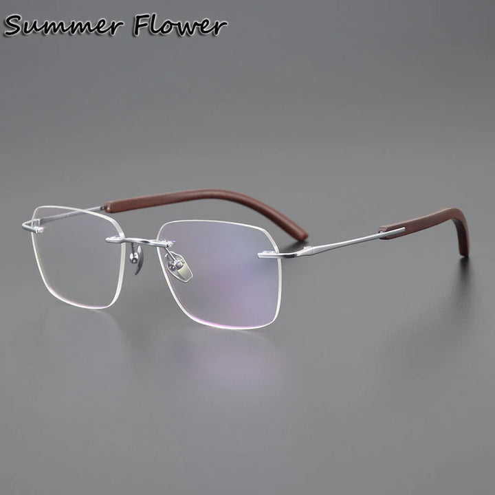 Summer Flower Unisex Rimless Square Titanium Wood Eyeglasses 84246