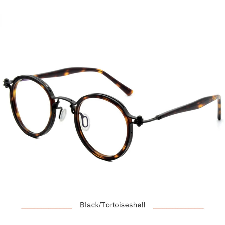 Brightzone Unisex Full Rim Round Acetate Titanium Eyeglasses 75820 Full Rim Brightzone Black Tortoiseshell