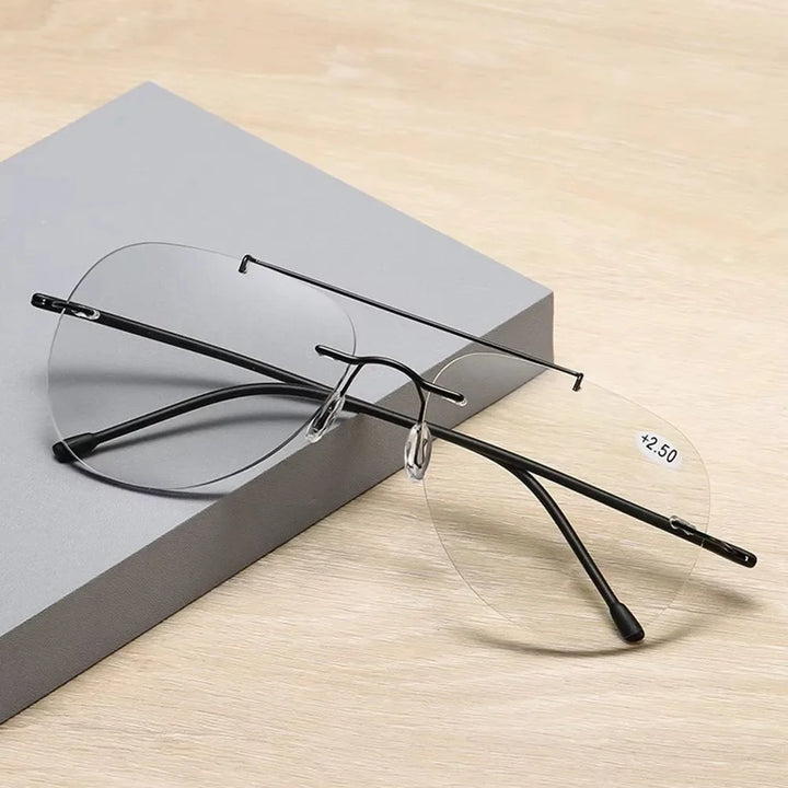 Hdcrafter Unisex Rimless Oval Double Bridge Titanium Alloy Photochromic Reading Glasses 9002