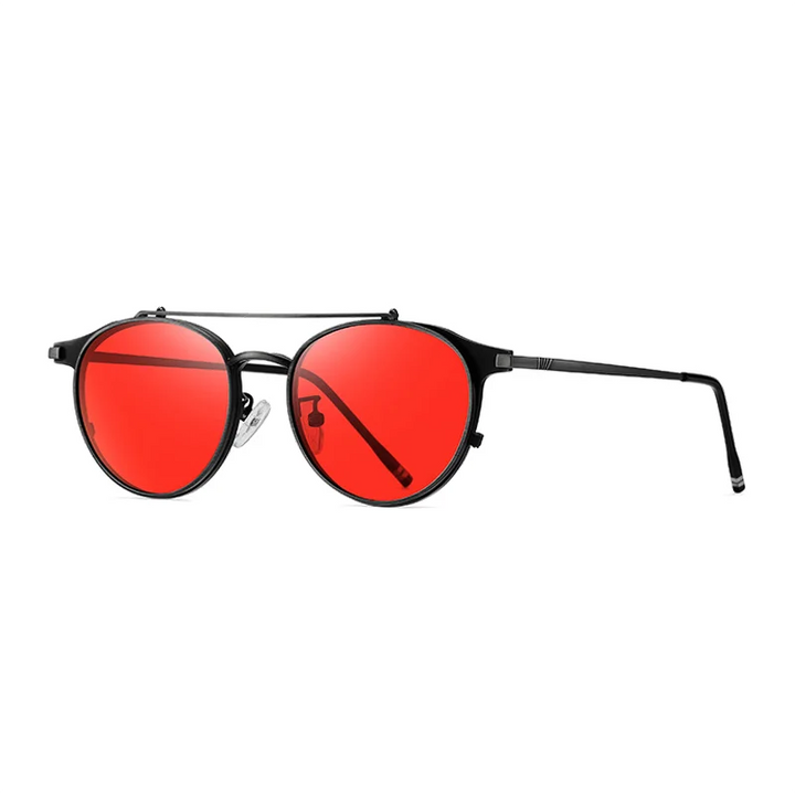 Ralferty Men's Full Rim Round Alloy Eyeglasses Flip Up Sunglasses R702 With Clip Ons Ralferty C2 Black - Red CHINA 