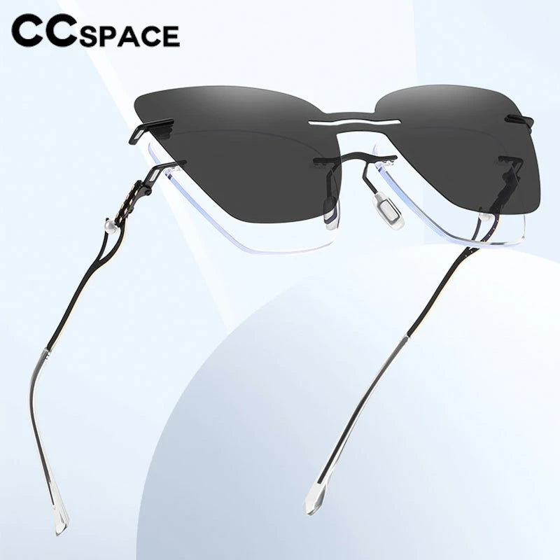 CCspace Women's Rimless Cat Eye Alloy Eyeglasses Clip On Sunglasses 302128 With Clip Ons CCspace   