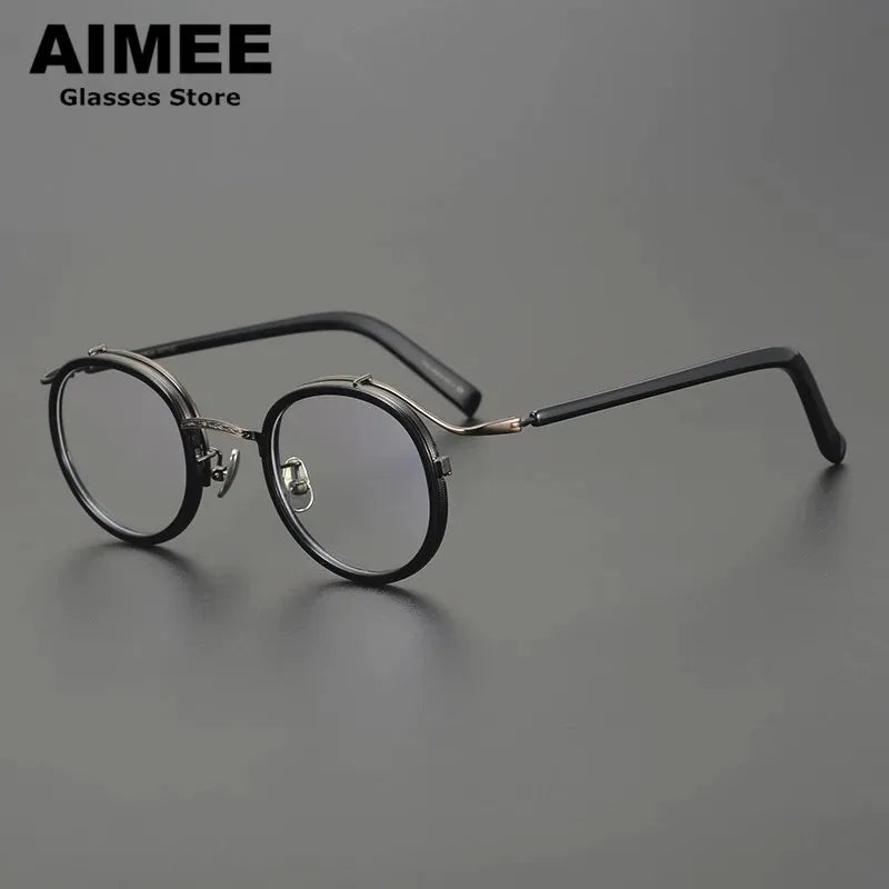 Aimee Men's Full Rim Round Square Titanium Acetate Eyeglasses 12203 Full Rim Aimee Black-Brown  