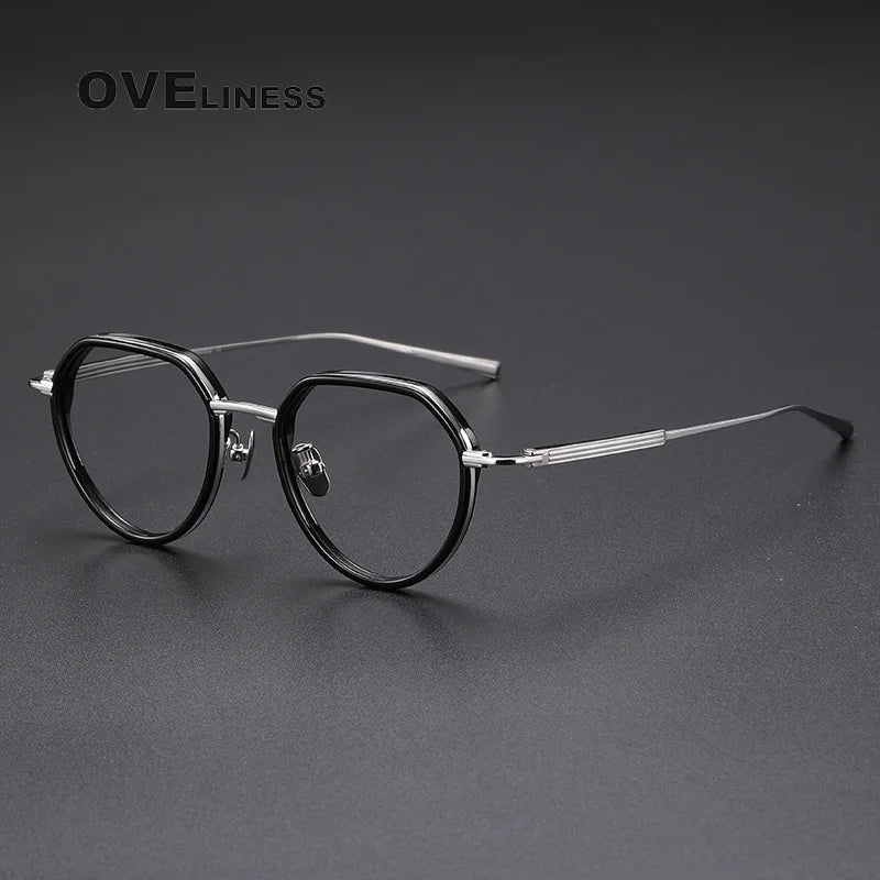 Oveliness Unisex Full Rim Flat Top Round Titanium Acetate Eyeglasses O6701 Full Rim Oveliness black silver  