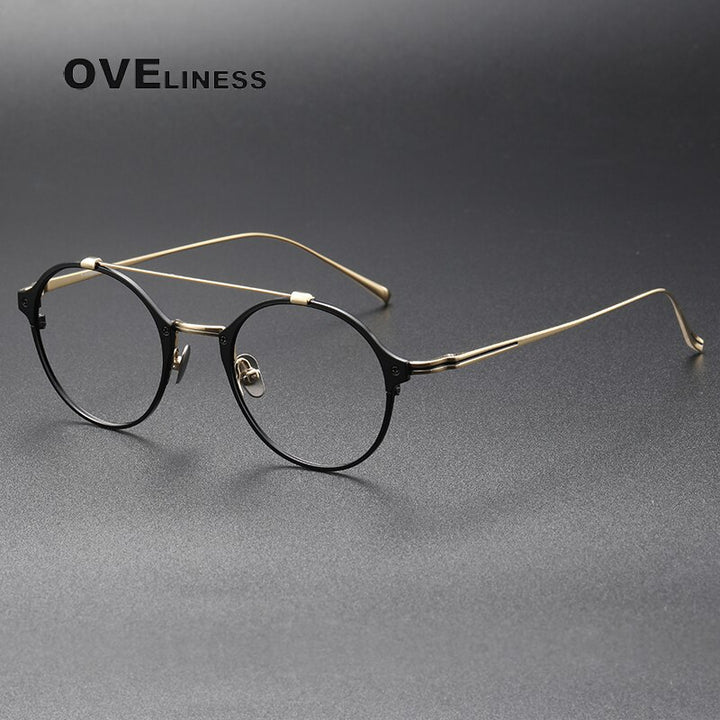 Oveliness Unisex Full Rim Round Double Bridge Titanium Eyeglasses Kj30 Full Rim Oveliness black gold  