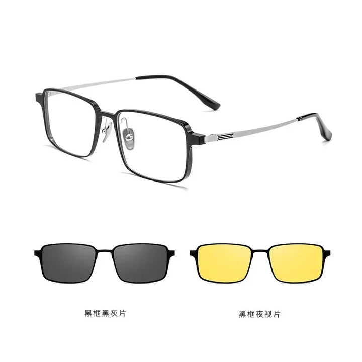 Hotochki Unisex Fulll Rim Square Titanium Al Eyeglasses Clip On Sunglasses 429909