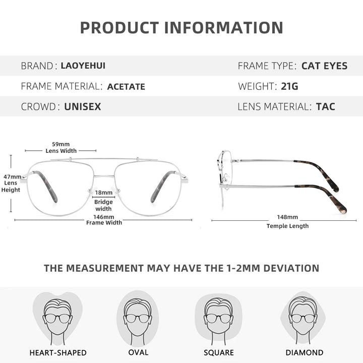 Laoyehui Unisex Full Rim Square Double Bridge Alloy Reading Glasses 94268 Reading Glasses Laoyehui