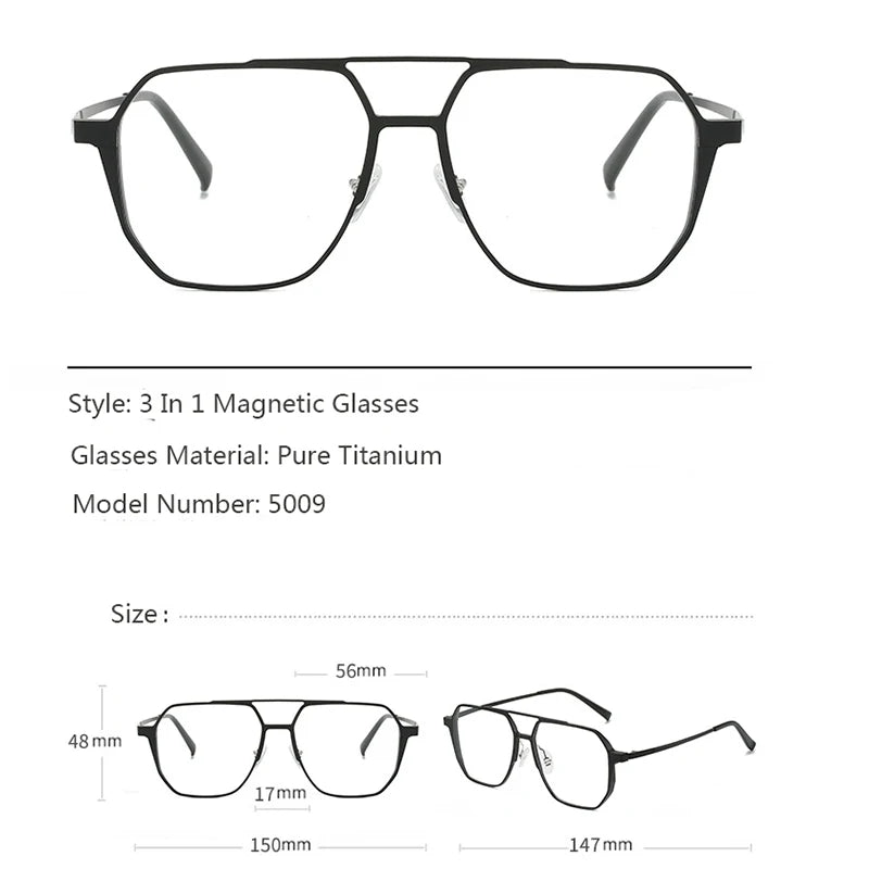 Hdcrafter Men's Full Rim Square Double Bridge Titanium Eyeglasses Clip On Sunglasses 275009