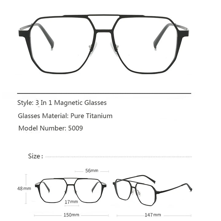 Hdcrafter Men's Full Rim Square Double Bridge Titanium Eyeglasses Clip On Sunglasses 275009