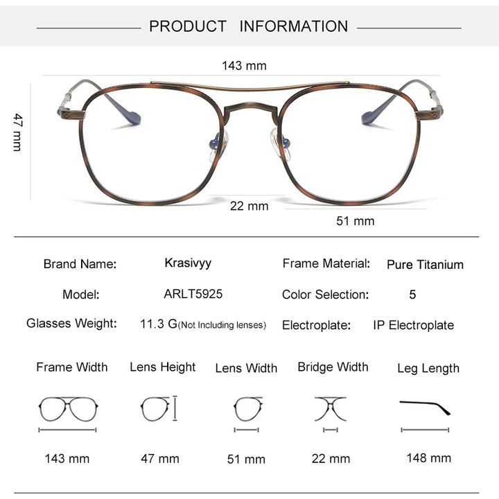 Krasivyy Unisex Full Rim Square Double Bridge Titanium Eyeglasses 45925