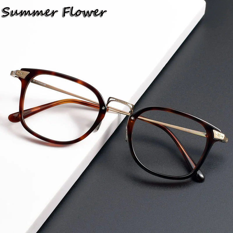 Summer Flower Unisex Full Rim Square Acetate Titanium Eyeglasses 84023 Full Rim Summer Flower