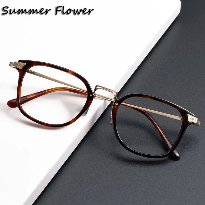 Summer Flower Unisex Full Rim Square Acetate Titanium Eyeglasses 84023