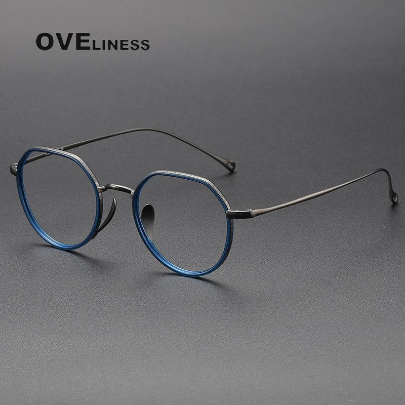 Oveliness Unisex Full Rim Flat Top Round Titanium Acetate Eyeglasses O7310 Full Rim Oveliness blue gun  