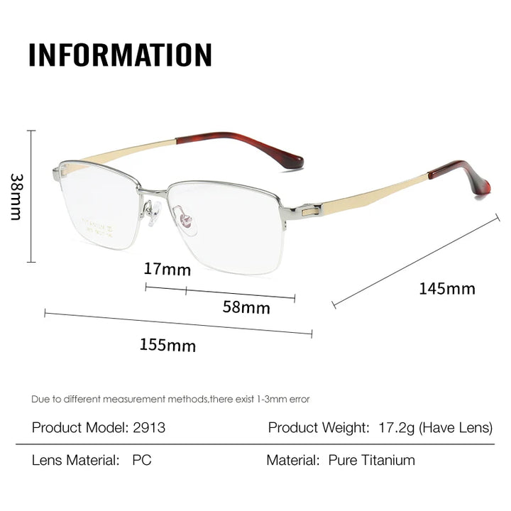 Muzz Men's Semi Rim Big Square Brow Line Titanium Eyeglasses 82913