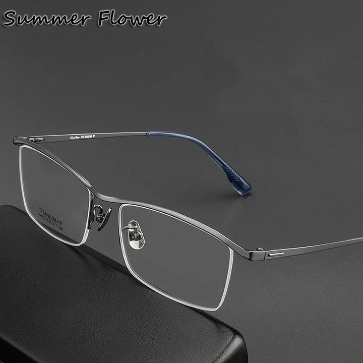 Summer Flower Men's Semi Rim Square Brow Line Titanium Eyeglasses 80164
