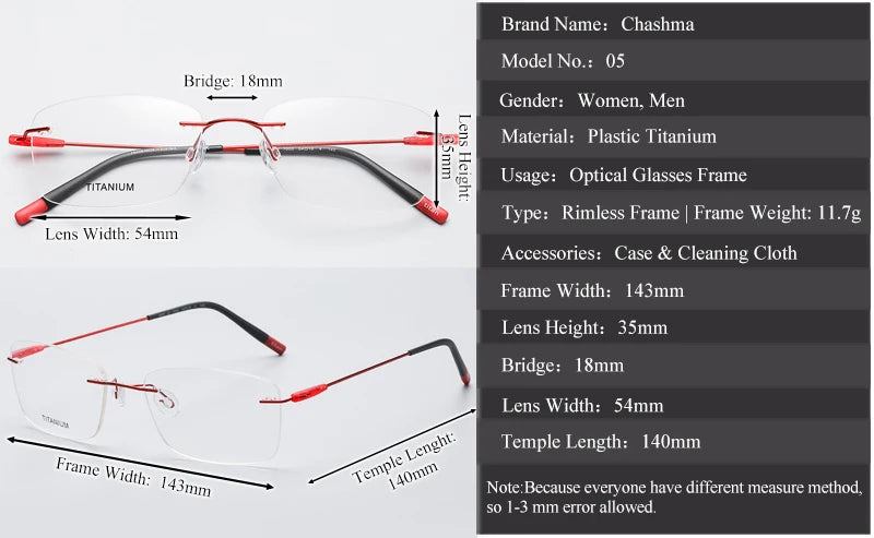 Chashma Ottica Unisex Rimless Square Titanium Eyeglasses 94205 Rimless Chashma Ottica