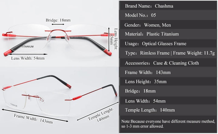 Chashma Unisex Rimless Square Titanium Eyeglasses 44105 Rimless Chashma   