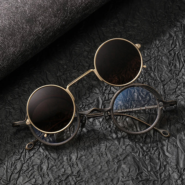 Black Mask Unisex Full Rim Round Titanium Eyeglasses Clip On Sunglasses 45975 With Clip Ons Black Mask Bronze-Gold Clip