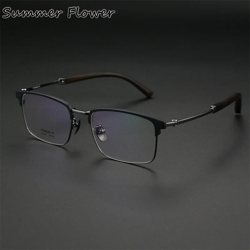 Summer Flower Women's Full Rim Square Titanium Wood Eyeglasses 612336