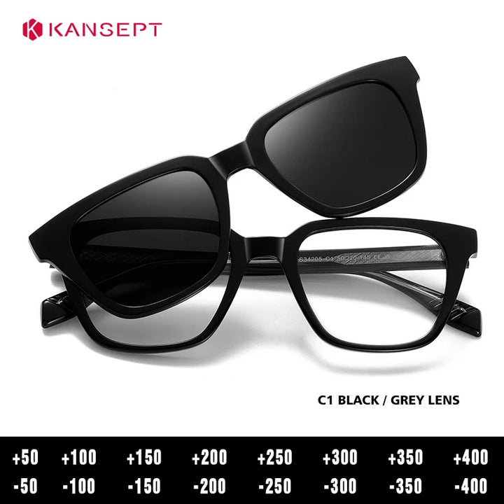 Kansept Women's Full Rim Square Tr 90 Alloy Reading Glasses Clip On Sunglasses 34205