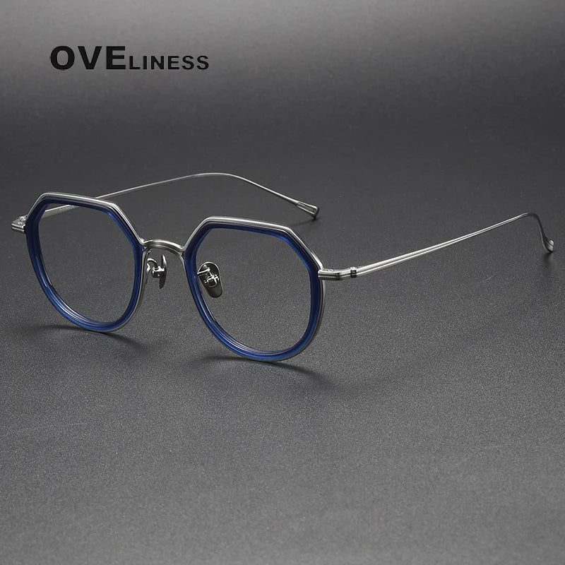 Oveliness Unisex Full Rim Polygon Acetate Titanium Eyeglasses U136 Full Rim Oveliness blue silver  