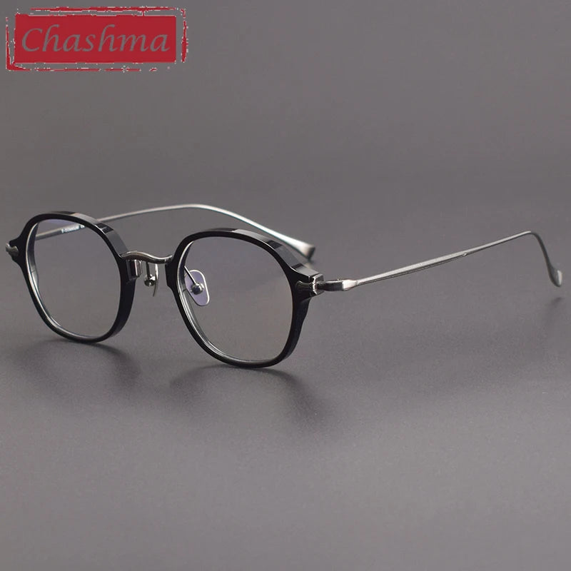 Chashma Unisex Full Rim Flat Top Round Acetate Titanium Eyeglasses 183 Full Rim Chashma Black Gray  