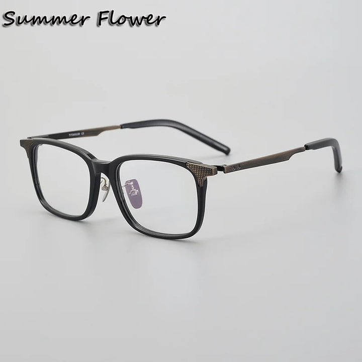 Summer Flower Men's Full Rim Square Acetate Titanium Eyeglasses 842090 Full Rim Summer Flower Black Bronze