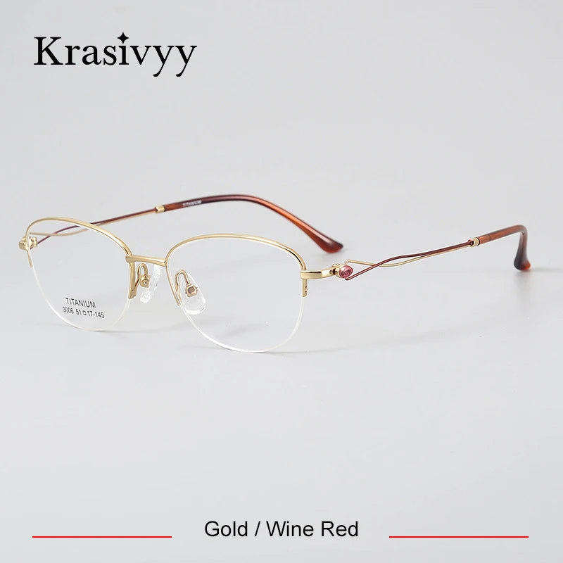 Krasivyy Women's Semi Rim Oval Round Titanium Eyeglasses 443006 Semi Rim Krasivyy Gold Wine Red  