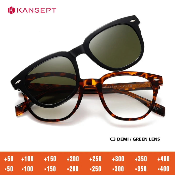 Kansept Unisex Full Rim Square Tr 90 Alloy Reading Glasses Clip On Sunglasses 34201