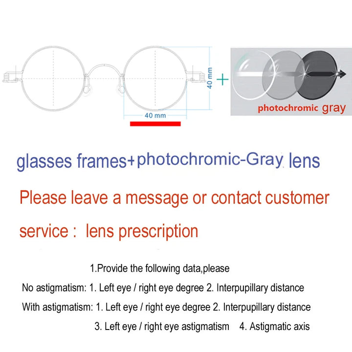 Yujo Unisex Full RIm Round Screwless Stainless Steel Eyeglasses 15030 Full Rim Yujo Photochromic gray 40 CHINA