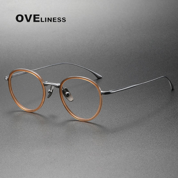 Oveliness Unisex Full Rim Round Acetate Titanium Eyeglasses 482249 Full Rim Oveliness Tea silver  