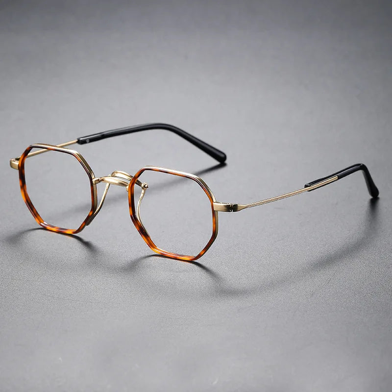 Aimee Unisex Full Rim Flat Top Polygon Titanium Acetate Eyeglasses 80635 Full Rim Aimee Golden-Tortoise  