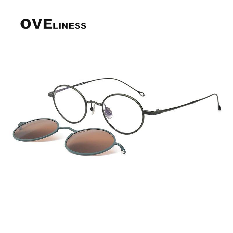 Oveliness Unisex Full Rim Oval Titanium Eyeglasses Clip On Sunglasses 42610 With Clip Ons Oveliness bronze green tea