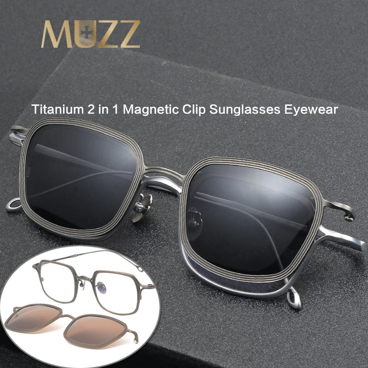 Muzz Unisex Full Rim Square Titanium Eyeglasses Clip On Sunglasses 42004 With Clip Ons Muzz