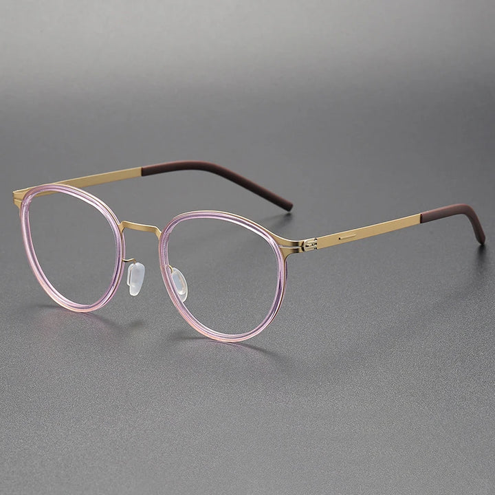 Black Mask Women's Full Rim Round Screwless Stainless Steel Acetate Eyeglasses 1218 Full Rim Black Mask Pink-Gold  