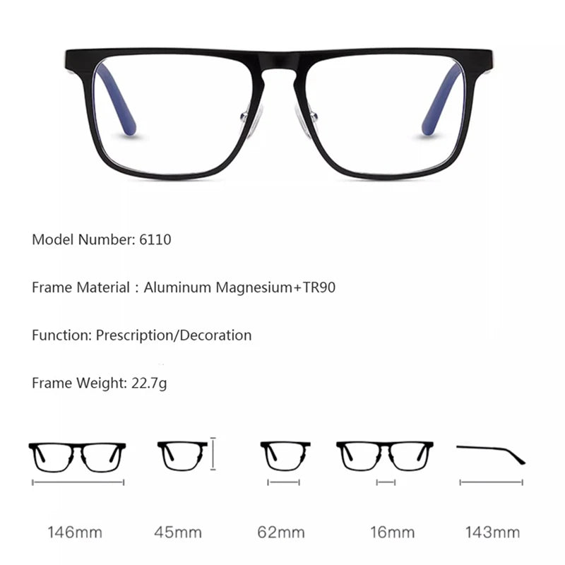 Hdcrafter Men's Full Rim Square Brow Line Al-Mg Tr 90 Eyeglasses 946610