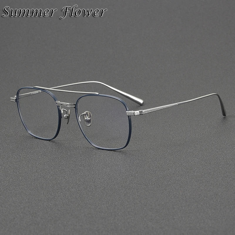 Summer Flower Men's Full Rim Square Double Bridge Titanium Eyeglasses 814420 Full Rim Summer Flower Blue Silver