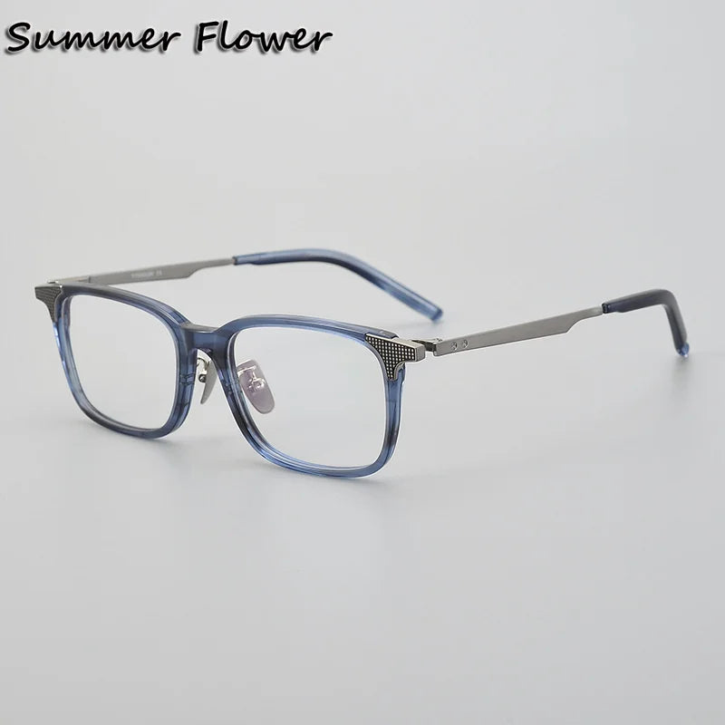 Summer Flower Men's Full Rim Square Acetate Titanium Eyeglasses 842090 Full Rim Summer Flower Blue Gray