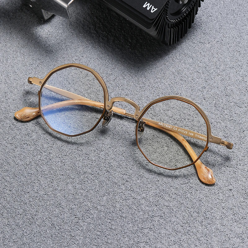 Black Mask Unisex Full Rim Irregular Round Titanium Eyeglasses T6067 Full Rim Black Mask Gold  