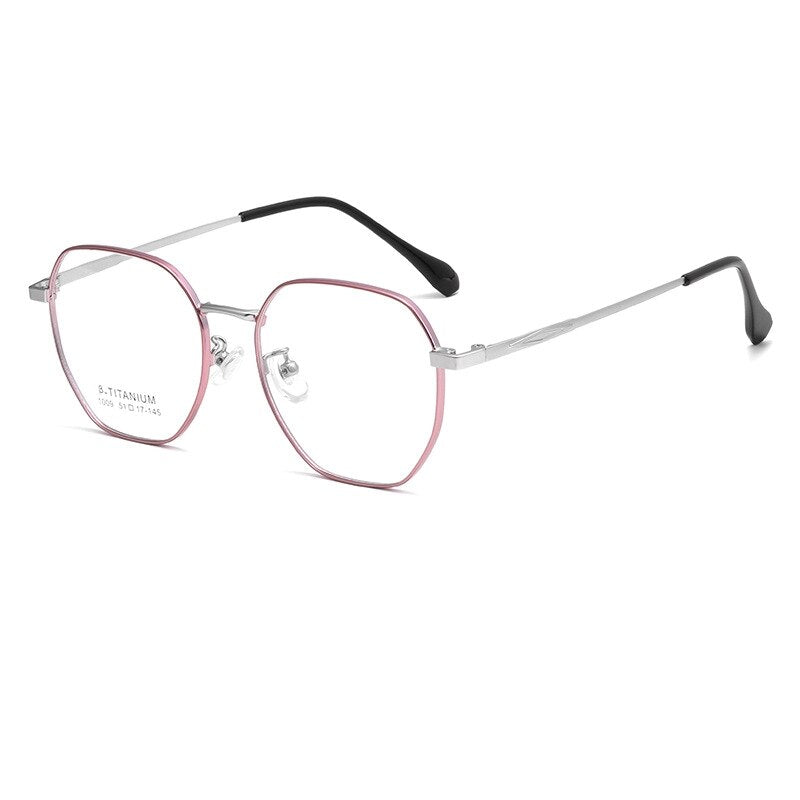 KatKani Unisex Full Rim Polygonal Titanium Alloy Eyeglasses 1009Th Full Rim KatKani Eyeglasses Pink Silver  