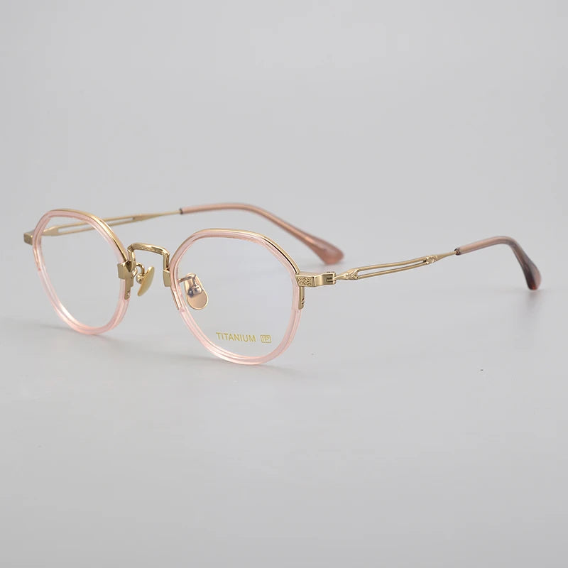 Black Mask Unisex Full Rim Irregular Round Titanium Eyeglasses E053 Full Rim Black Mask Pink-Gold  