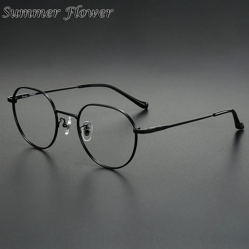 Summer Flower Women's Full Rim Flat Top Round Titanium Eyeglasses 10182 Full Rim Summer Flower Black