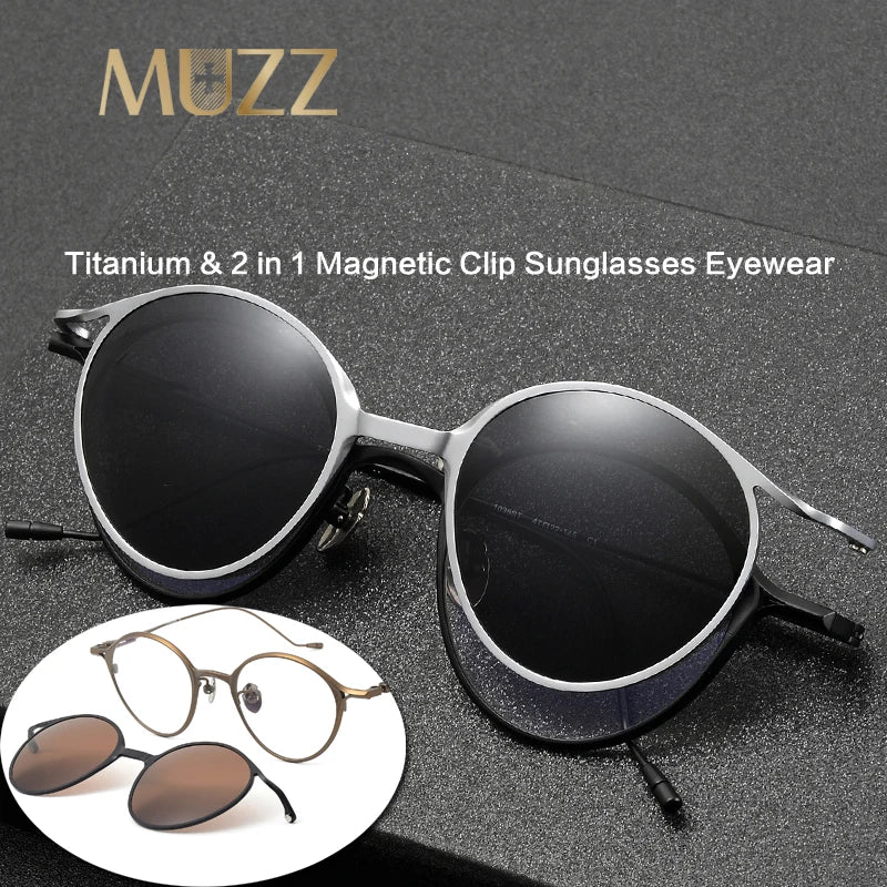 Muzz Unisex Full Rim Oval Titanium Eyeglasses Clip On Sunglasses 41038 With Clip Ons Muzz