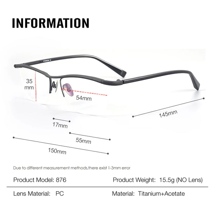 Muzz Men's Semi Rim Square Brow Line Titanium Eyeglasses 921876