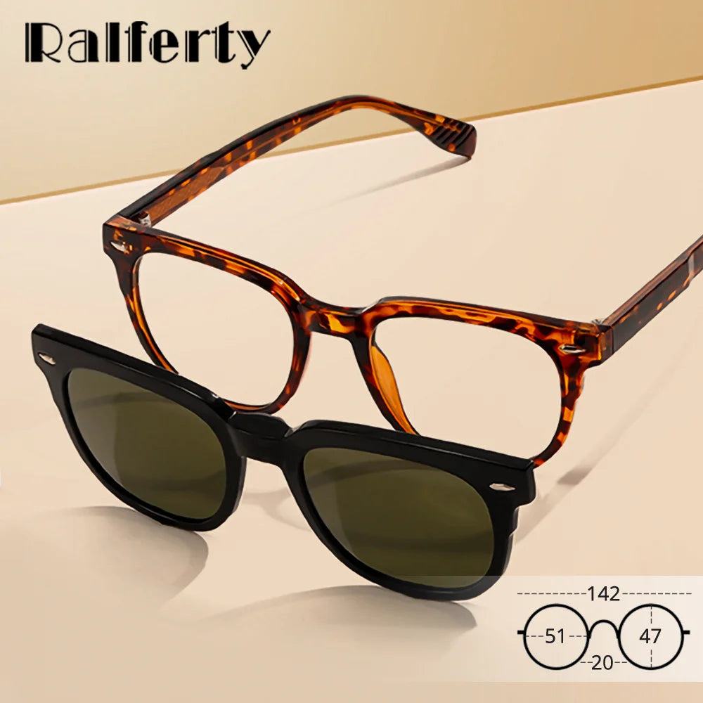 Ralferty Women's Full Rim Square Acetate Eyeglasses Clip On Sunglasses 334201