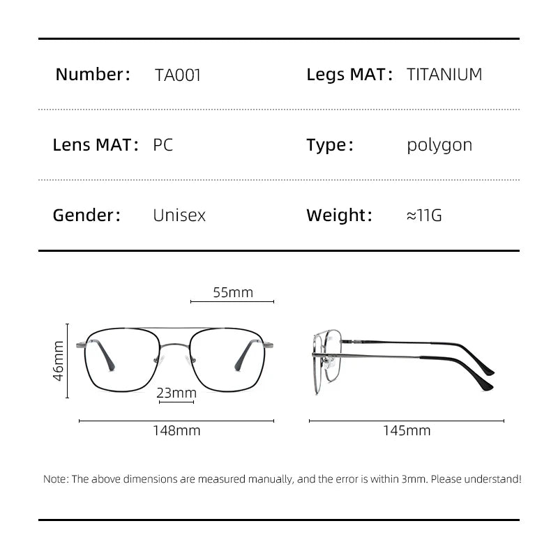 Hdcrafter Men's Full Rim Square Double Bridge Titanium Eyeglasses T001 Full Rim Hdcrafter Eyeglasses   