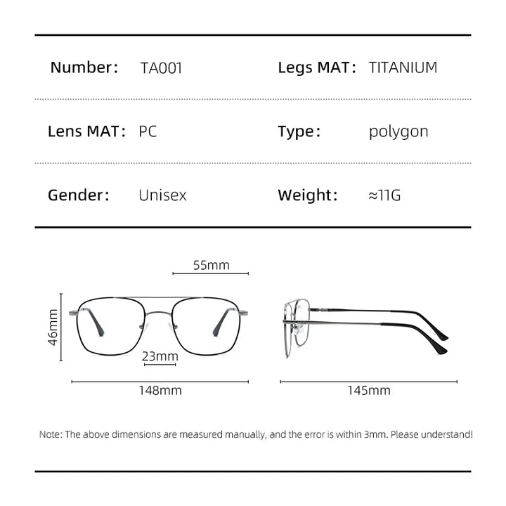 Hdcrafter Men's Full Rim Square Double Bridge Titanium Eyeglasses T001 Full Rim Hdcrafter Eyeglasses   